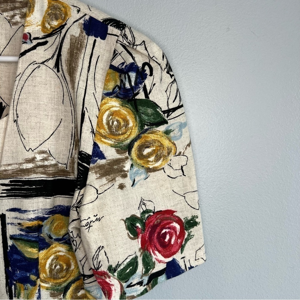 Vintage Bijou Abstract Painted Jacket Short Sleeve Artsy USA Sz S Cream Teacher - Picture 2 of 11
